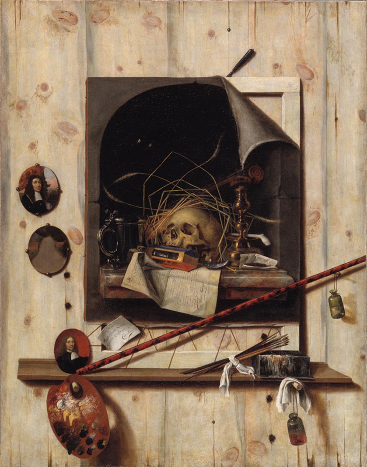 Trompe l'oeil med ateliervæg og vanitas-stilleben